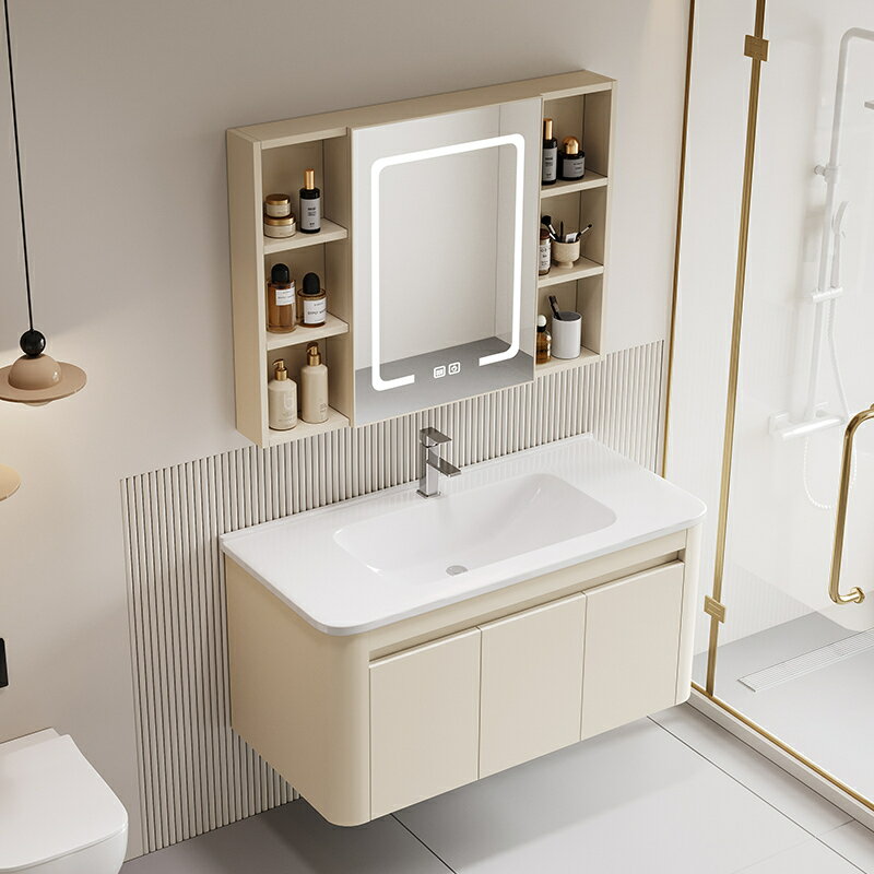 新款加厚奶油風浴室柜陶瓷一體盆洗手盆柜組合衛生間洗漱臺洗臉盆/洗手盆/洗臉盆/洗漱盆/陶瓷盆/浴室盆/鏡櫃洗手盆一體式