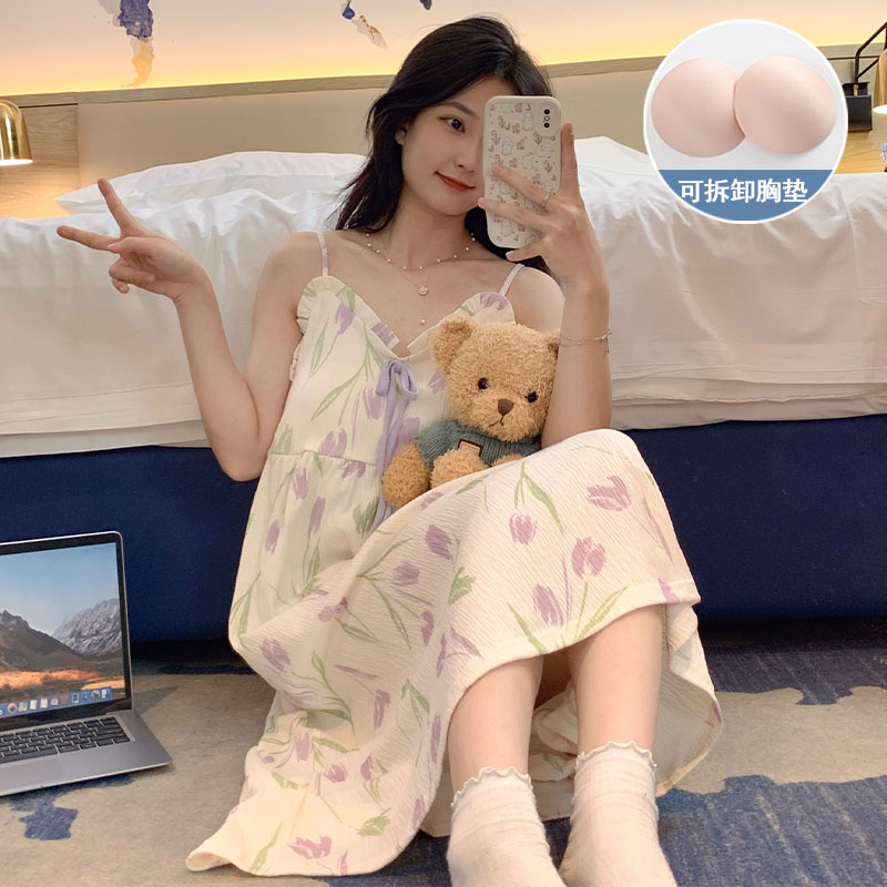 睡裙夏季女 梭織棉吊帶胸墊甜美睡衣 薄款寬松女士家居服舒適透氣款【倪醬小鋪】