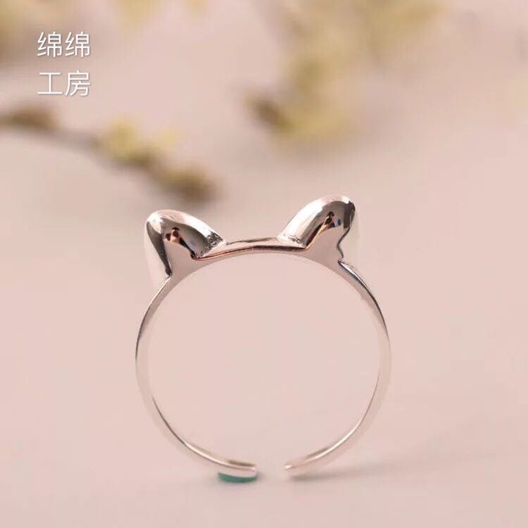 特價韓版設計師款可愛貓咪925純銀女飾品貓耳朵開口戒指