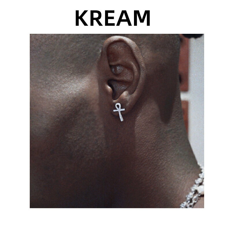 KREAM S925 純銀滿鉆安可十字架耳釘男嘻哈女同款飾 ANKH EARRING