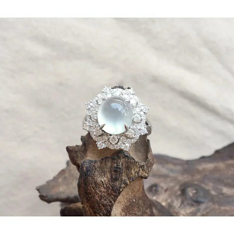 歐美新款首飾金鑲嵌玉髓鉆石玉圓蛋雪花戒指S925女款可調節