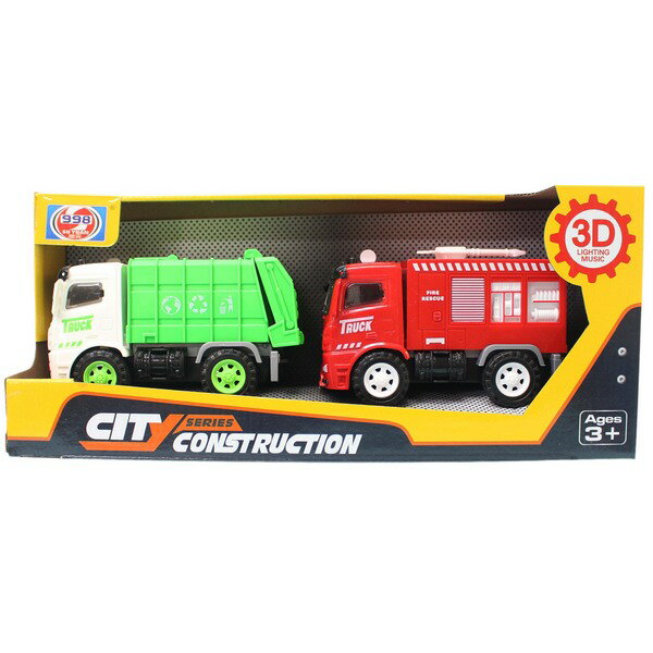 摩輪垃圾車 + 消防車998-45C2(盒裝)/一盒2台入(促299) 慣性音樂車~CF137614