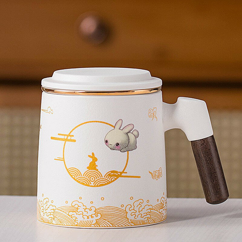 中秋玉兔陶瓷馬克杯茶水分離泡茶杯三件套辦公杯子印雕刻 0