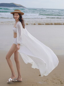 防曬衣 防曬外套 海邊度假沙灘比基尼外套罩衫大碼超長款防曬衣夏季女泳衣外搭披肩『ZW10465』