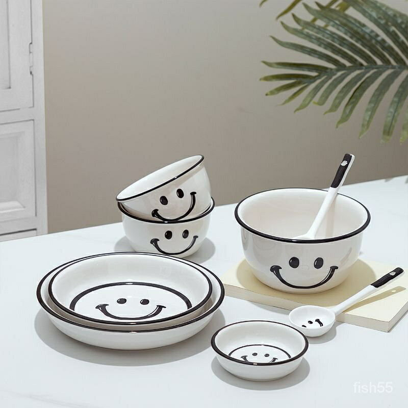 免運 簡約 北歐 ins風 簡約風陶瓷餐具一人食餐具碗碟套裝傢庭裝碗盤套裝碟子笑臉餐具 GTPS 可開發票