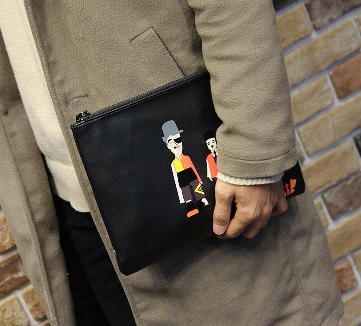FINDSENSE Z1 韓國 時尚 潮 男 黑色 皮質 卡通人物圖案 休閒 手拿包 皮夾包 公事包
