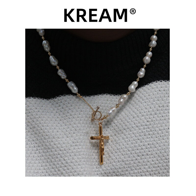 KREAM 原創珍珠十字架項鏈男女嘻哈鎖骨毛衣鏈
