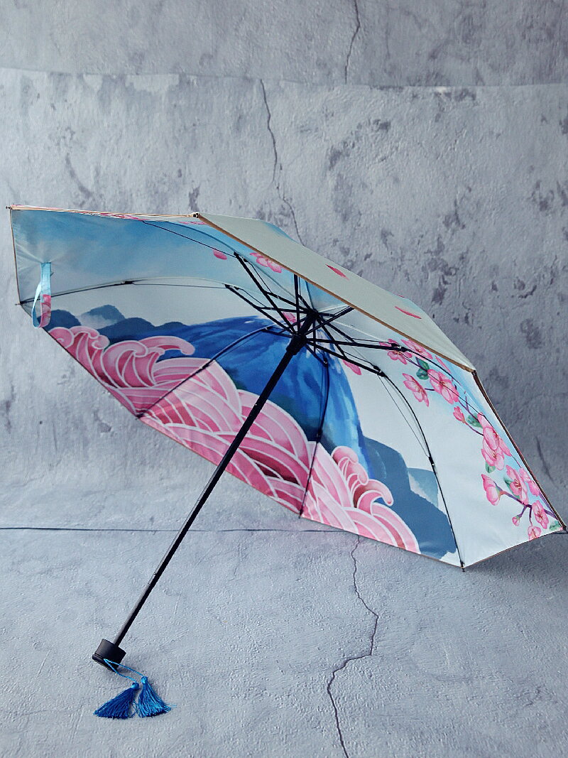 富士山櫻花原創防紫外線遮陽傘16骨流蘇三折雙層黑膠太陽傘