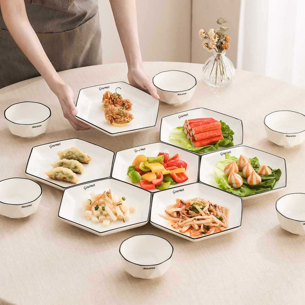 新中式盤子碗家用2024新款六角拼盤餐具組合輕奢碗碟套裝陶瓷菜盤「限時特惠」