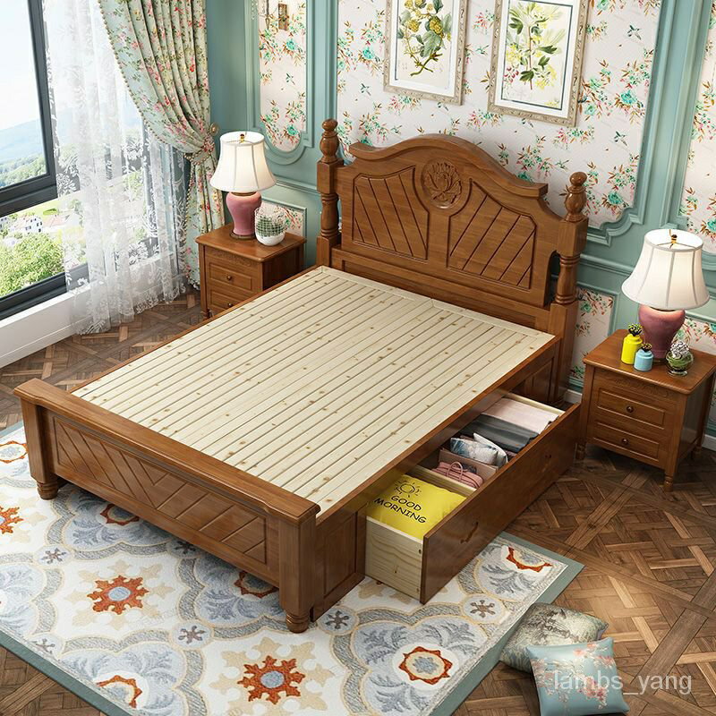 免運 美式實木床1.5米單人兒童床1米一 全實木雙人儲物箱體高箱民宿床 特價出 可開發票