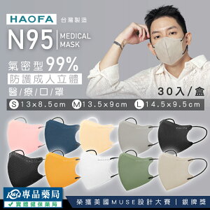 (任2件 享9折)HAOFA N95 氣密型99%防護成人立體醫療口罩 S/M/L 任選 30入/盒 (防霾PM2.5) 專品藥局