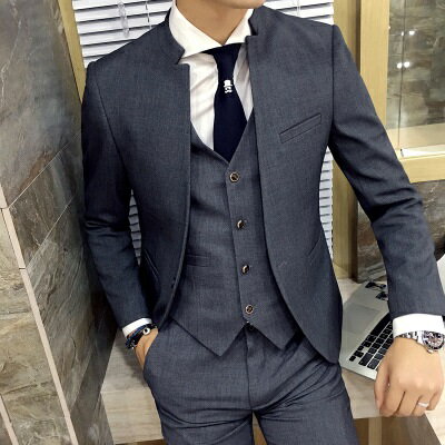 西裝外套西服套裝(三件套)-韓版流行立領造型婚禮男裝2色73hc40【獨家進口】【米蘭精品】