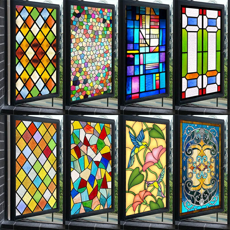 靜電玻璃貼 窗貼 歐式彩色磨砂玻璃膜靜電無膠免膠自粘美式教堂窗戶窗花衛生間貼紙