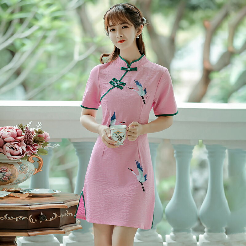 新款年夏季復古中國風刺繡修身顯瘦改良版旗袍年輕少女連衣裙