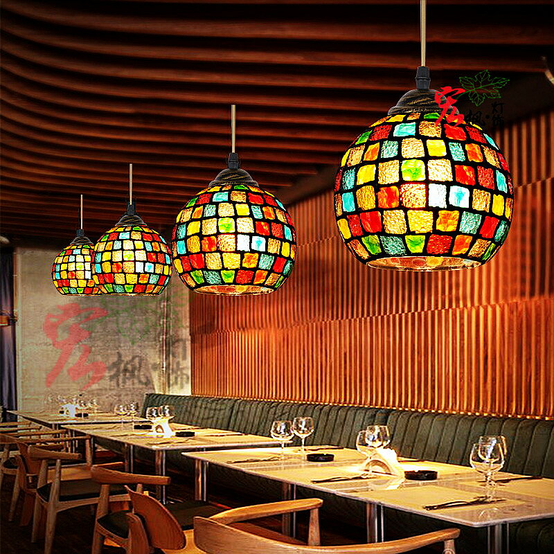波西米亞東南亞泰式餐廳LED單頭小吊燈彩色創意過道陽臺三頭吊燈