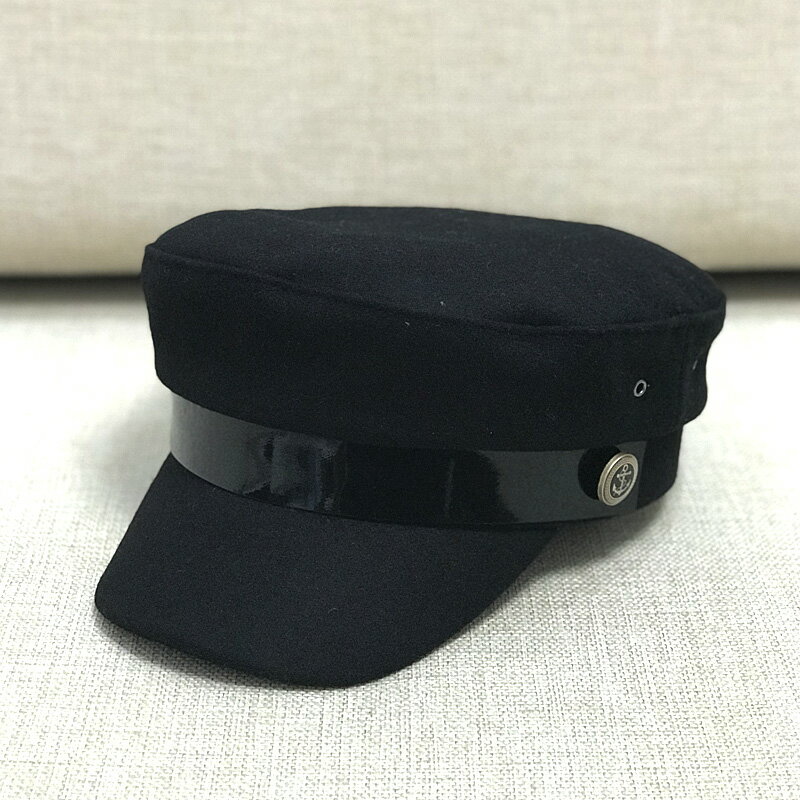 私人定制復古海軍帽男女黑色水手帽亮皮帶鴨舌帽日系女帽子貝雷帽1入