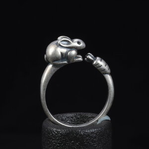 S925純銀可愛兔子蘿卜開口戒指女復古簡約小眾設計輕奢精致指環
