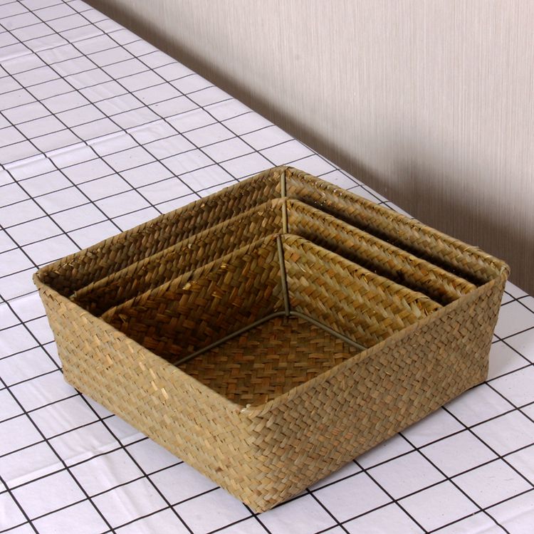 【優選百貨】海草編桌面正方形收納盒 手工竹編收納筐 茶具零食儲物籃子置物籃