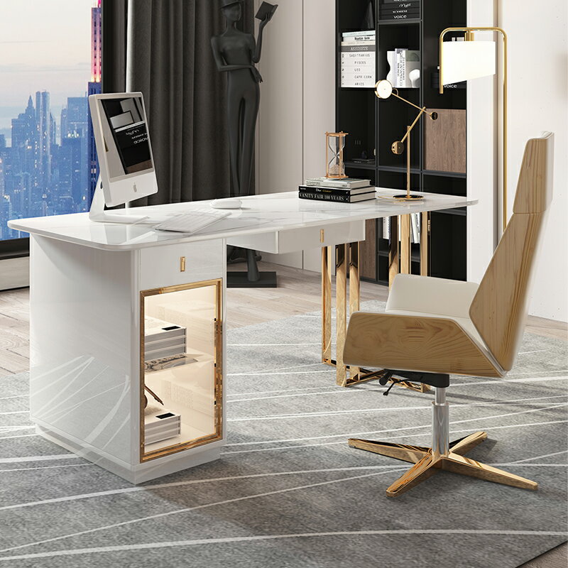 北歐簡約現代風書房辦公桌書椅組合寫字臺輕奢巖板書桌家用電腦桌