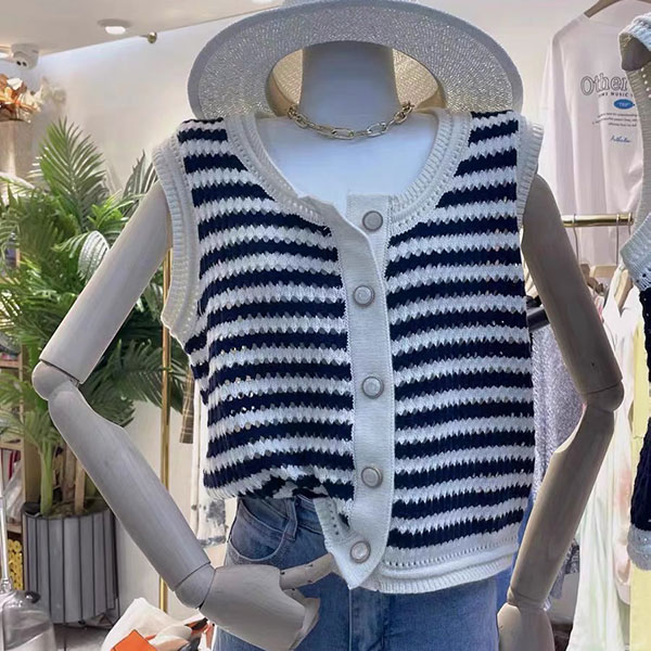 ANNAS 正韓 小香 洞洞 背心 無袖 上衣 針織衫 條紋 外套 外搭 金屬釦 珍珠釦 韓國 3