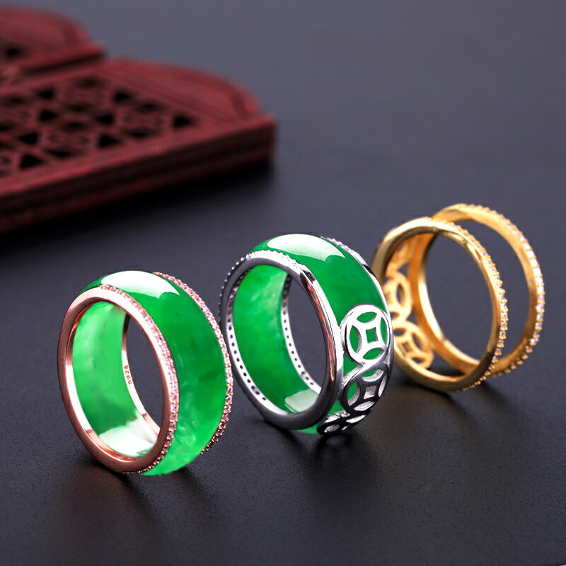 S925純銀鍍金戒指空托鑲嵌翡翠玉石蜜蠟戒指環套戒指環保護套銀托