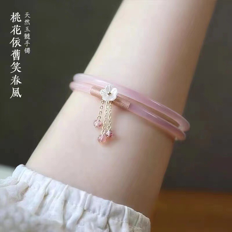 【現貨】荔枝凍粉色碧玉叮當鐲一對女夏美人鐲玻璃細條手環禁步圈漢服配飾【北歐家居生活】