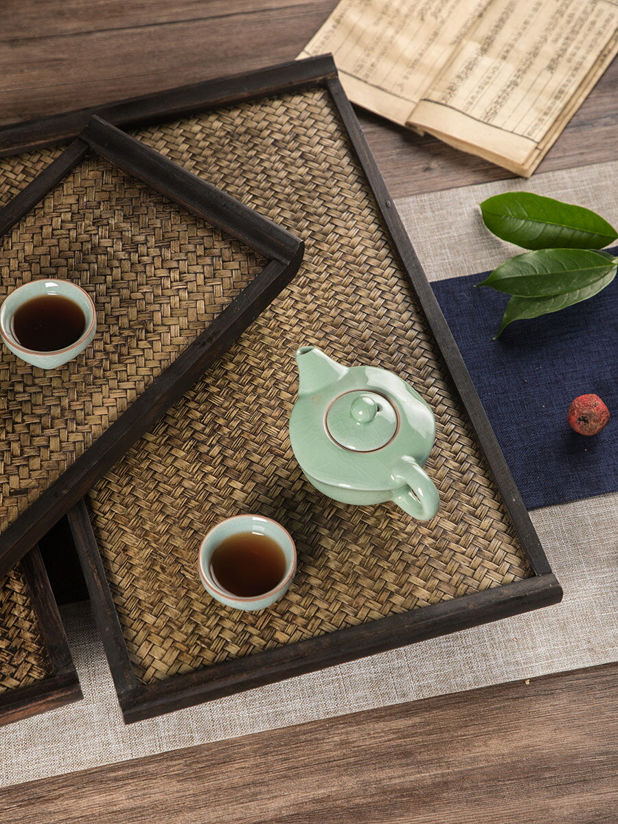 泰國禪意茶具托盤復古長方形干泡茶盤家用實木竹編茶杯藤托盤