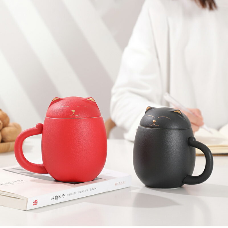 招財貓馬克杯帶蓋茶杯個性創意陶瓷過濾水杯情侶定制泡茶家用杯子