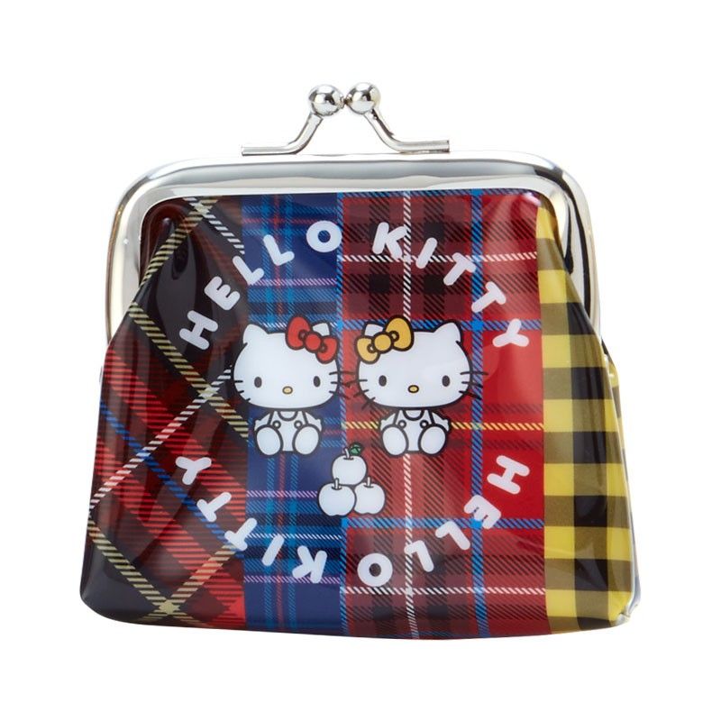 asdfkitty*KITTY蘇格蘭紋 防水 雙珠扣零錢包 迷你化妝包 紅藍雙胞胎-日本正版商品