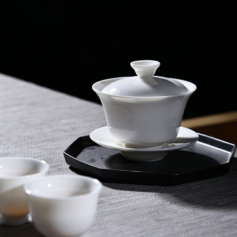 羊脂玉白瓷蓋碗陶瓷三才碗家用純白功夫茶具泡茶器白玉瓷大號小號
