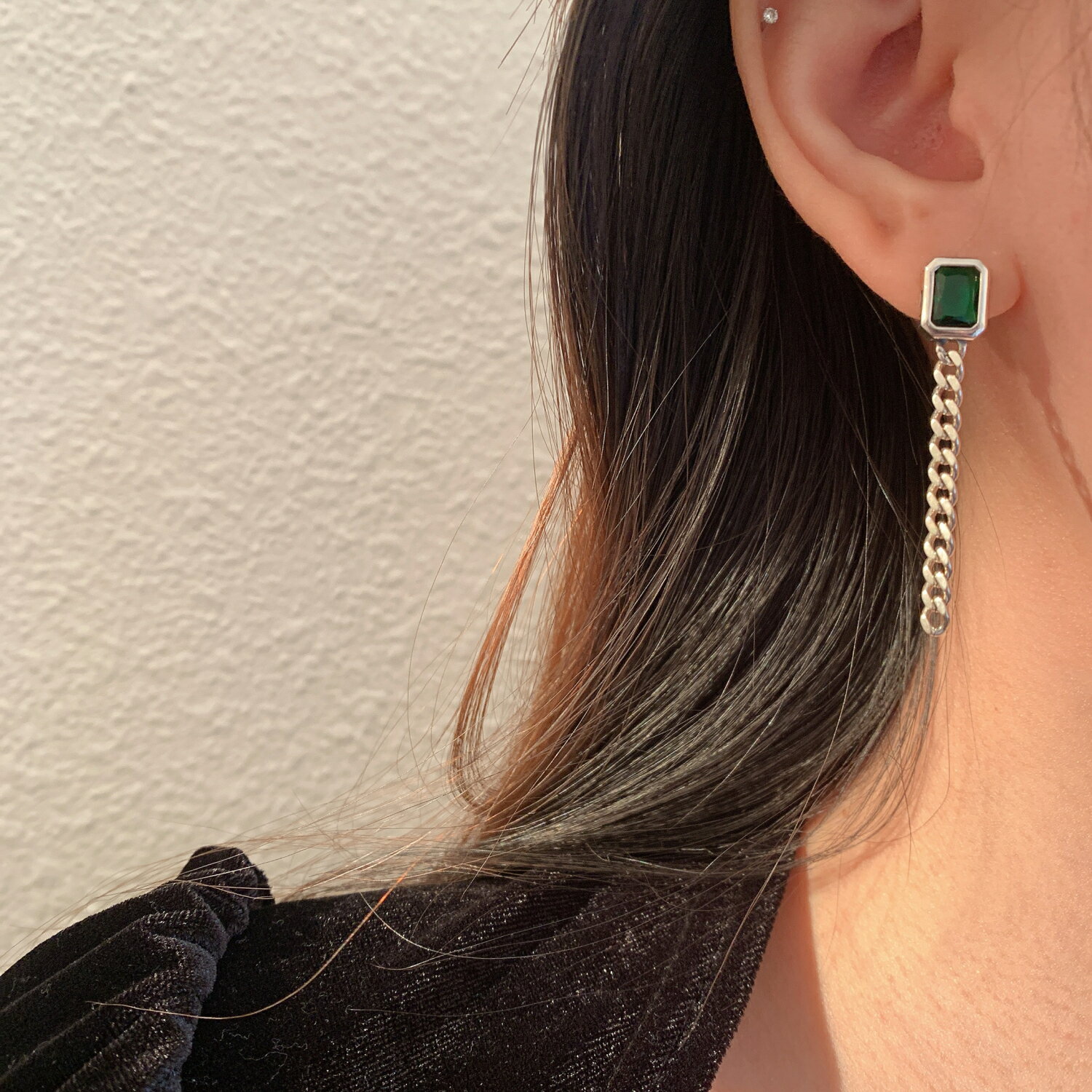 小寶s925純銀師傅家設計師復古綠色鋯石獨特鏈條流蘇耳環女高級感