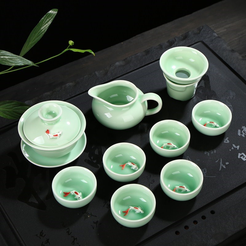青瓷茶具整套功夫茶具套裝鯉魚蓋碗茶壺茶杯家用茶具年年有余