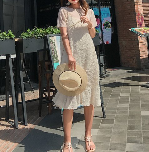 FINDSENSE H1 2018 夏季 新款 氣質溫柔色 立體花 吊帶 荷葉邊 連衣裙 短袖 兩件套 休閒潮流 女套裝