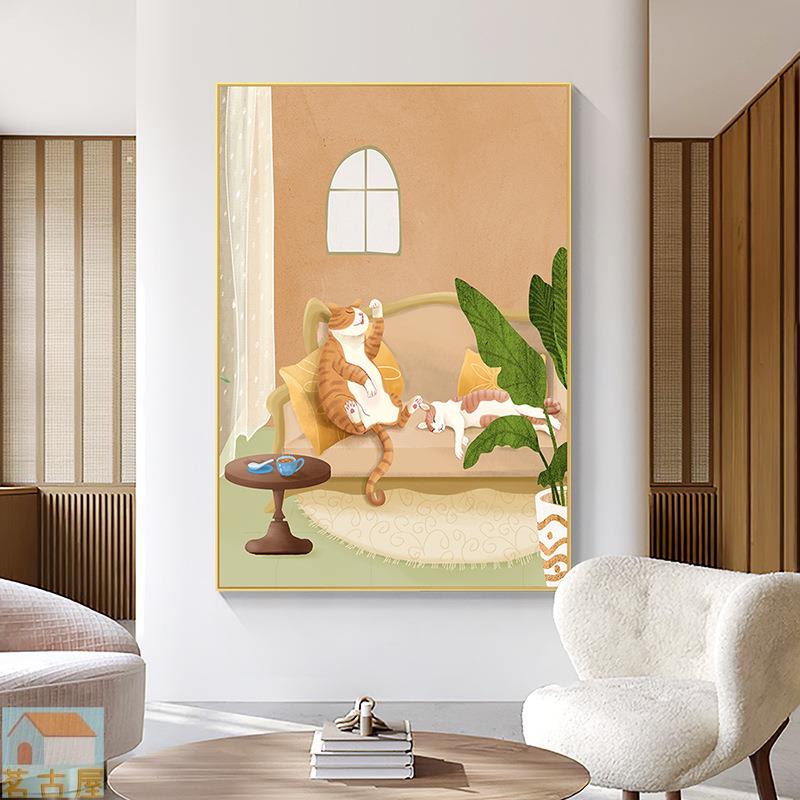 小清新客廳沙發背景墻掛畫可愛貓咪入戶玄關裝飾ins風室內落地畫