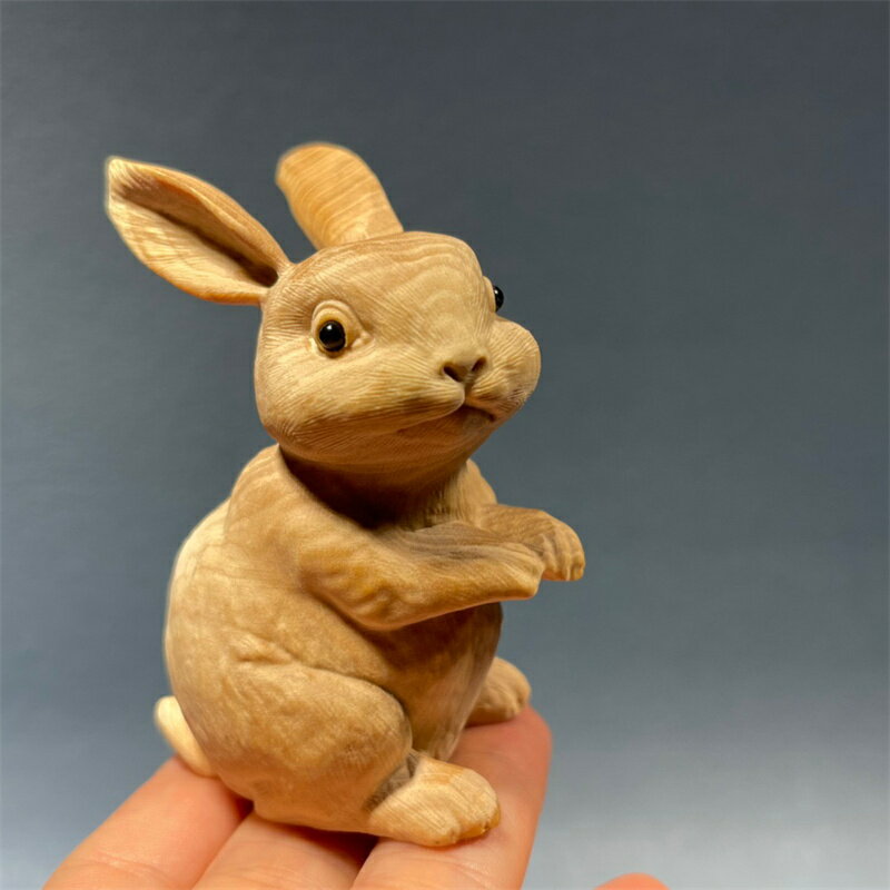 黃楊木雕大耳朵兔子手把件生肖兔擺件實木雕刻可愛萌小白兔工藝品