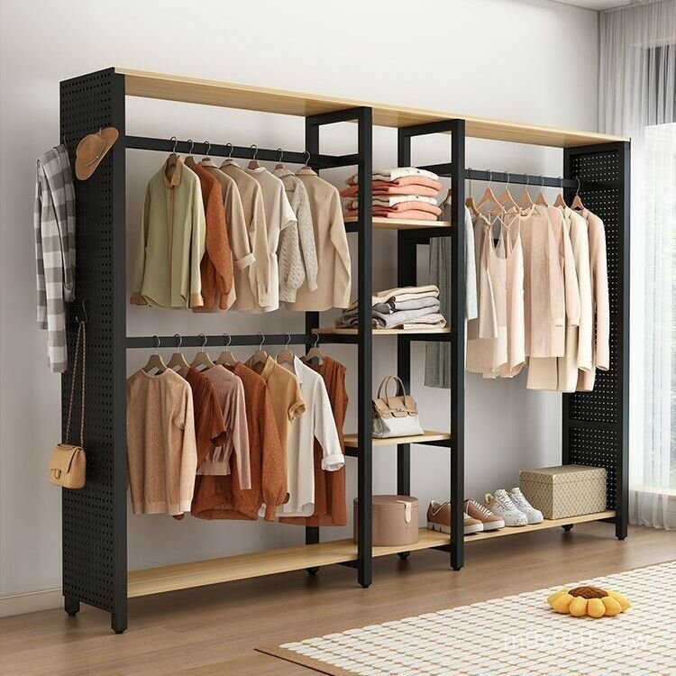 免運 【簡約現代風格】簡易衣櫃洞洞衣帽架臥室家用衣帽間落地掛衣架金屬開放式收納組閤金屬衣櫃 房間收納櫃 衣櫥掛衣架