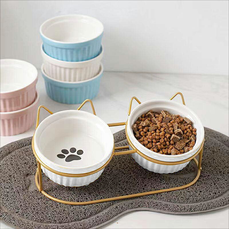 貓碗陶瓷 貓食盆 貓咪碗寵物碗 斜口保護頸椎 防打翻雙碗喝水喂食一體【倪醬小鋪】