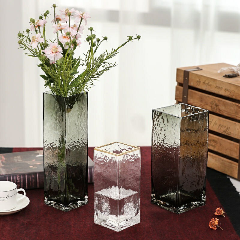 【優選百貨】花瓶玻璃透明擺件客廳插花水養輕奢正方形描金邊花器創意北歐