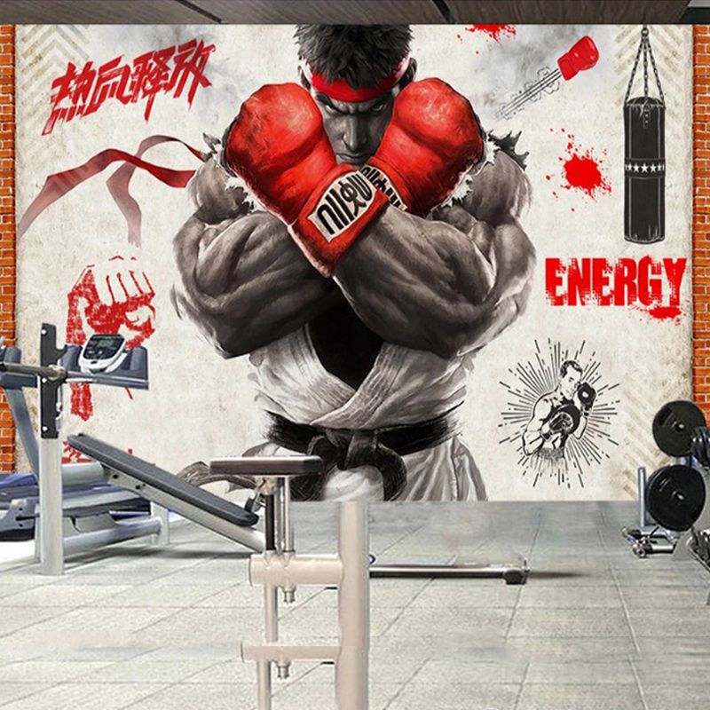定制運動海報墻紙舞蹈瑜伽室拳擊搏擊背景墻壁紙3D涂鴉健身房壁畫