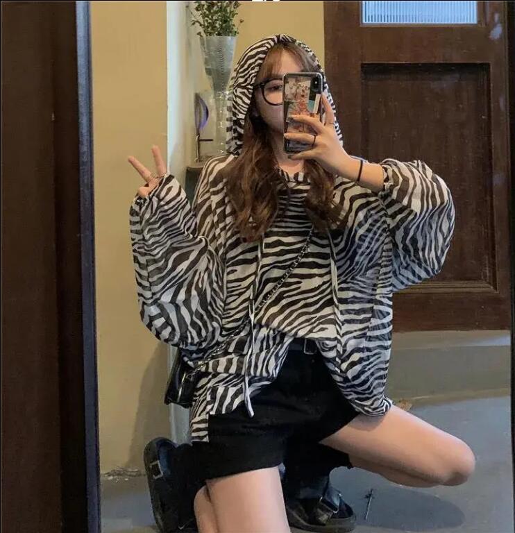 雪紡防曬衫女夏季薄款連帽設計感長袖外穿辣妹炸街斑馬紋上衣外套【步行者戶外生活館】P