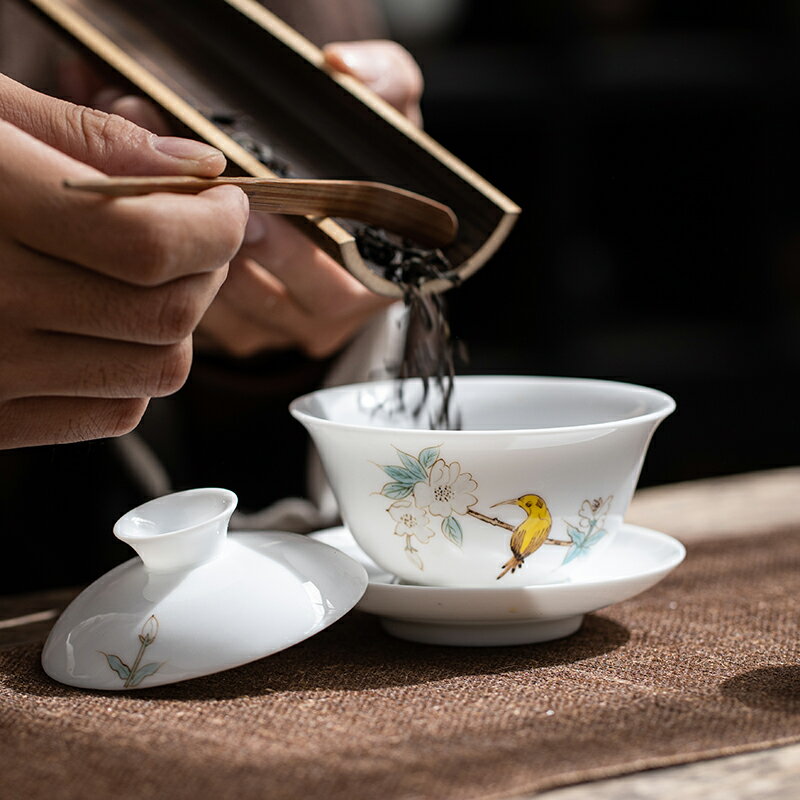陶瓷手繪蓋碗茶杯薄胎三才蓋碗手工家用茶具茶杯單個泡茶碗 0