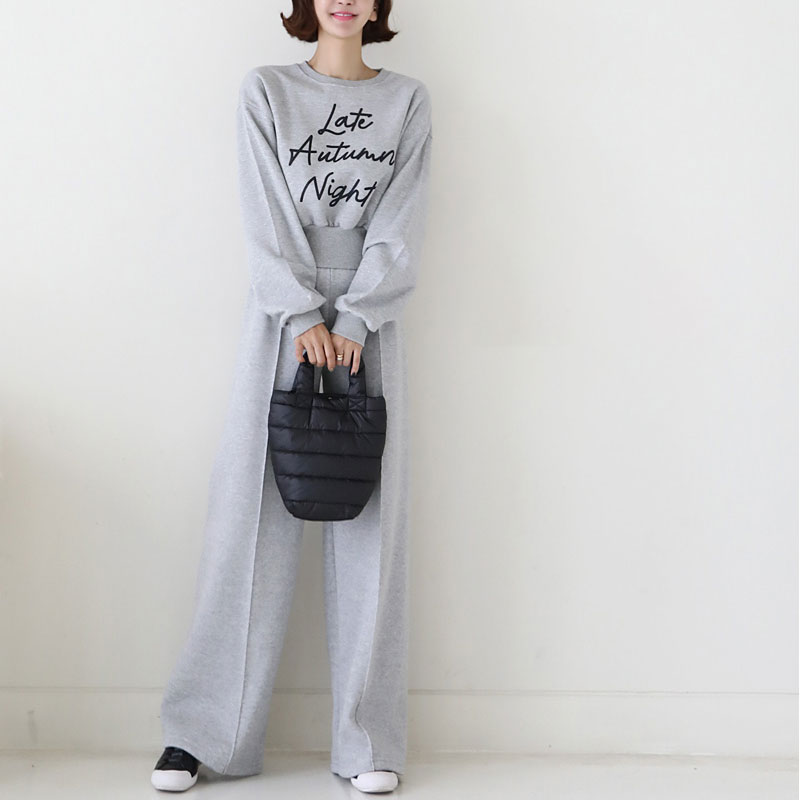 ANNAS 正韓刷毛字母套裝 長袖加絨加厚棉上衣 刷毛高腰寬褲 顯瘦百搭休閒韓國