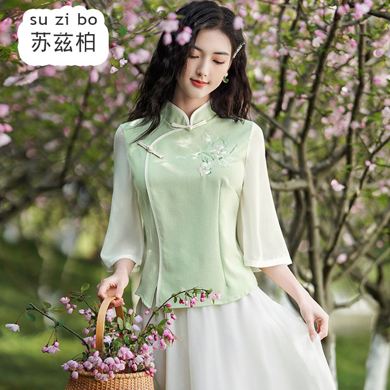 民國復古盤扣唐裝女學生裝中國風漢服改良年輕旗袍上衣茶服兩件套