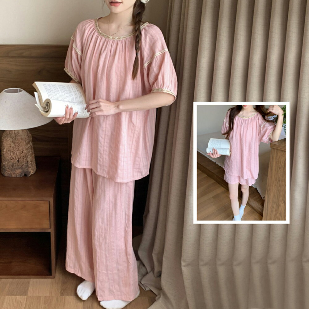 ＊ORead＊韓版小清新透氣純棉緹花短袖休閒家居服(2色F碼)