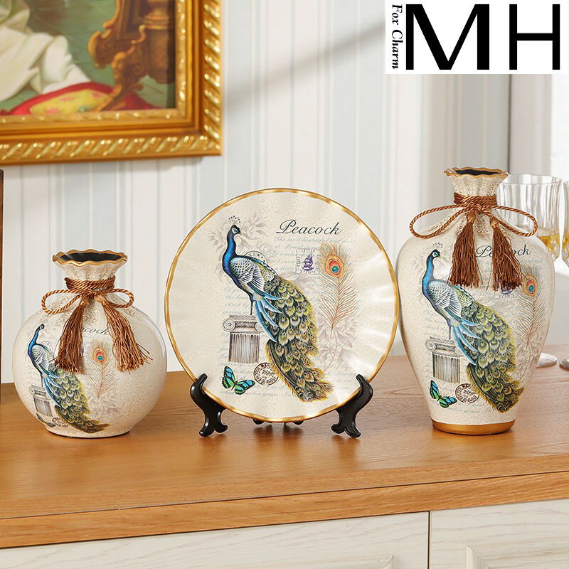 創意美式歐式家居裝飾品客廳擺件歐式陶瓷花瓶插花玄關茶幾三件套