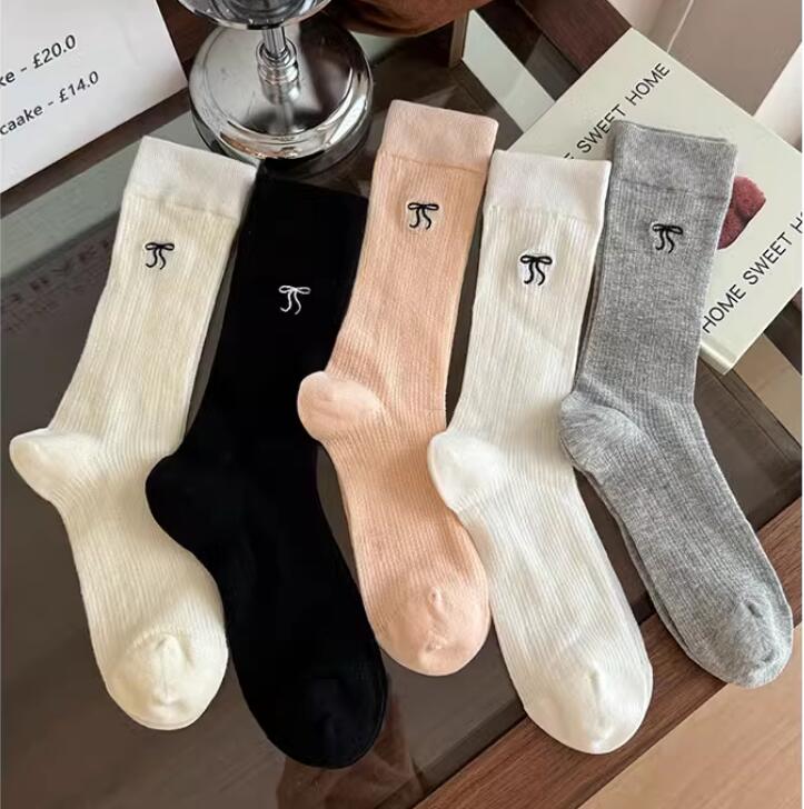 芭蕾風蝴蝶結襪子女夏天日系無骨中筒襪純棉網眼透氣長襪夏季薄款【繁星小鎮】