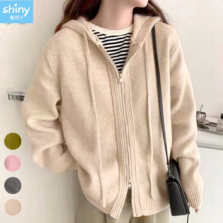 溫暖印象‧素色連帽雙拉鍊豎紋毛衣外套-shiny藍格子【V5120】