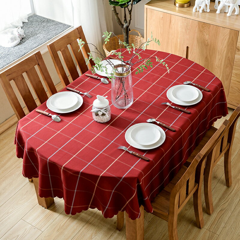 歐式橢圓形餐桌布藝紅格子桌布防水長方形春節臺布餐廳家用茶幾布