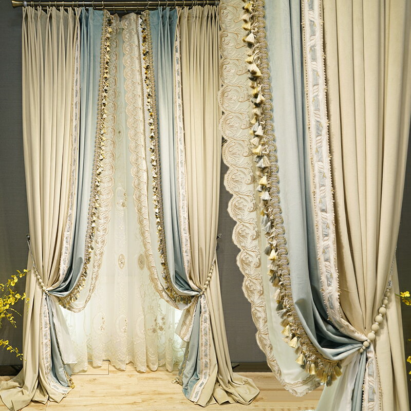 新款輕奢法式繡花窗簾現代臥室遮光客廳高檔大氣加厚絲絨布霧霾藍