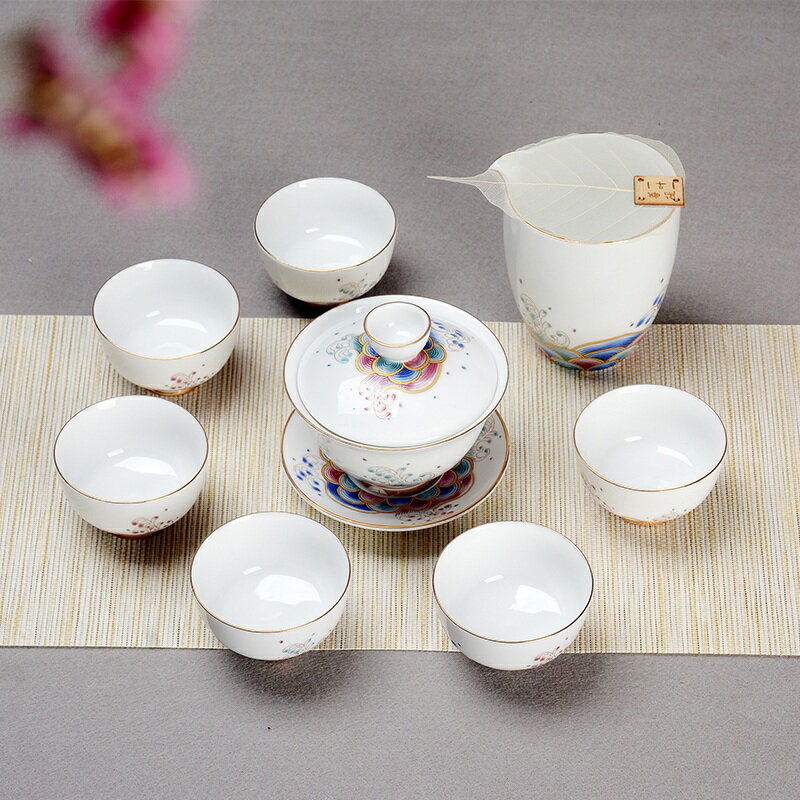 陶瓷白瓷功夫茶具套裝整套茶具手工琺瑯彩描金家用簡約中式茶杯蓋